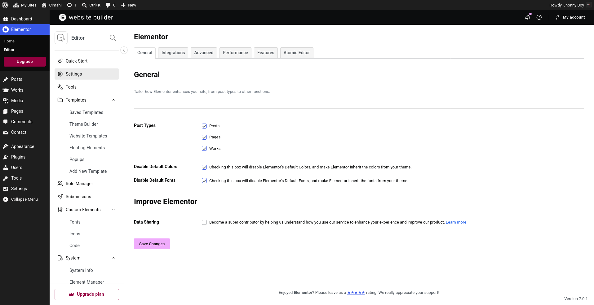 Elementor settings